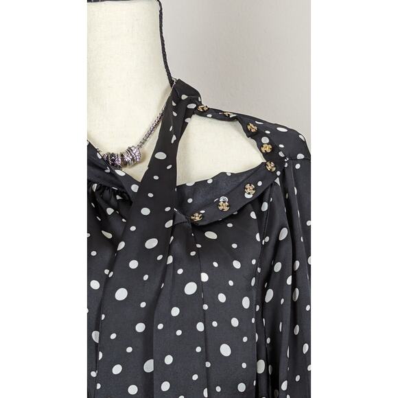 Merona Black & White Polka Dot Button Tie Neck Long Sleeve Satin Blouse Top XXL - Picture 6 of 8